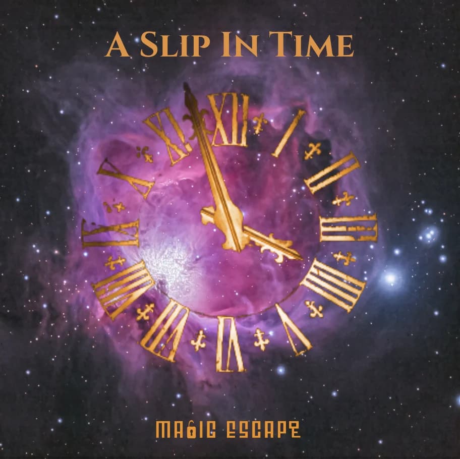 A Slip In Time poster: a gold clock face over a violet nebula