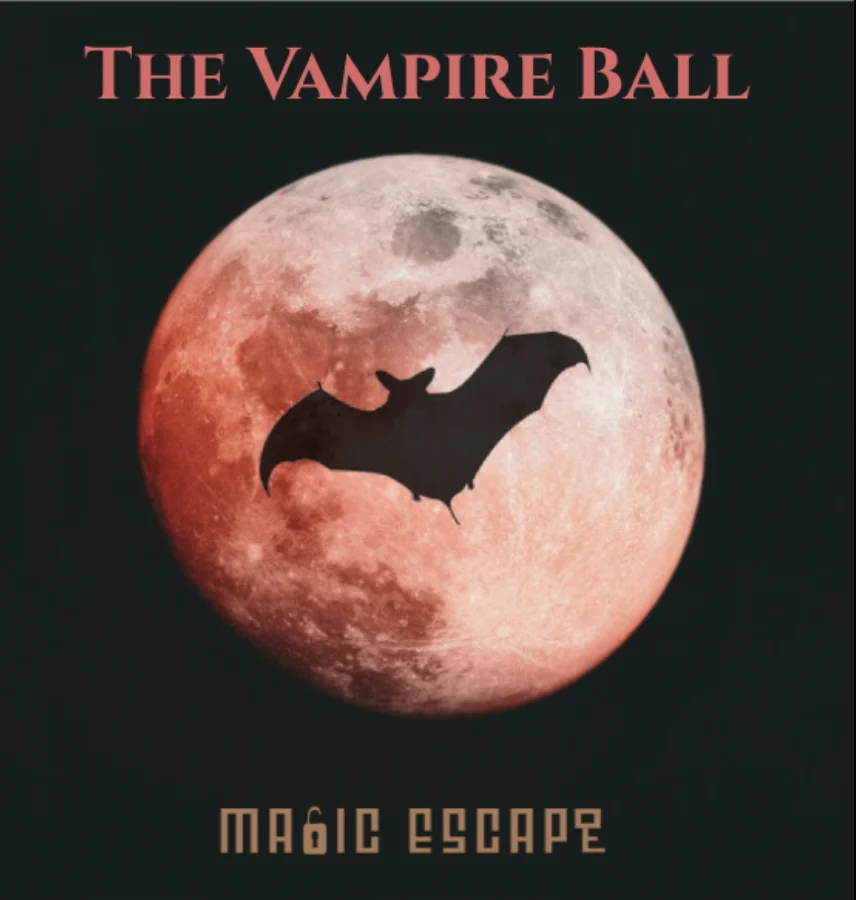 The Vampire Ball poster: a bat crossing a blood-red full moon